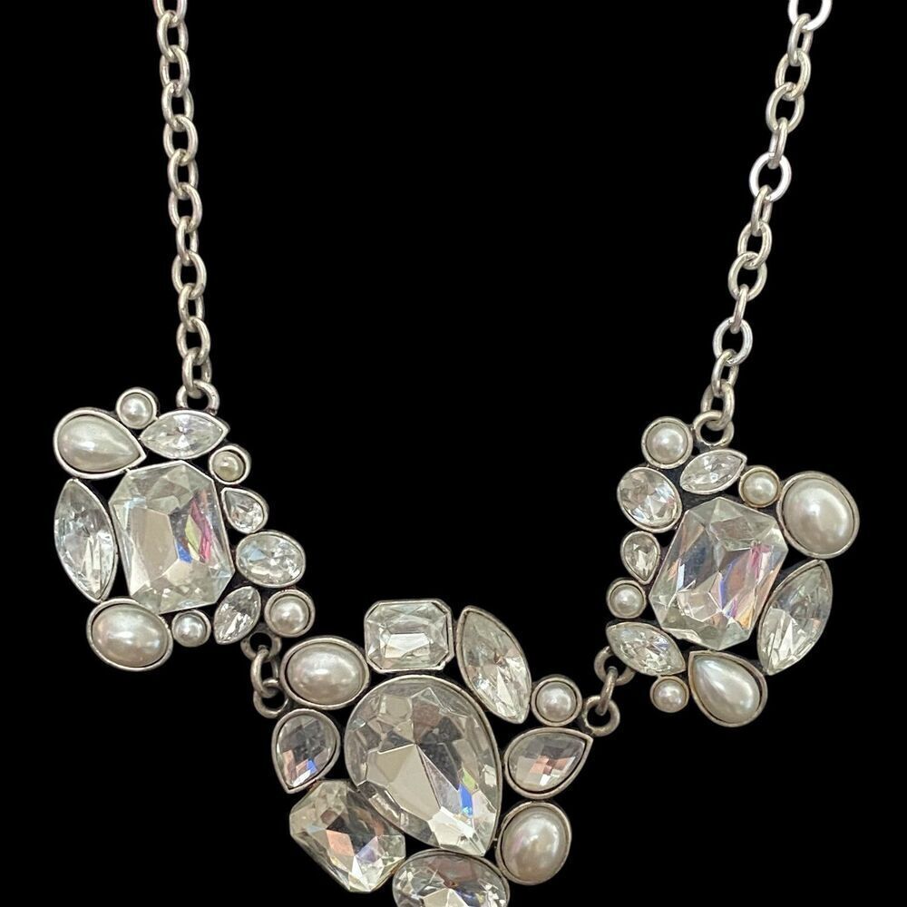 Vintage AEO Necklace Faux Pearl Clear Rhinestone Cluster Statement Signed